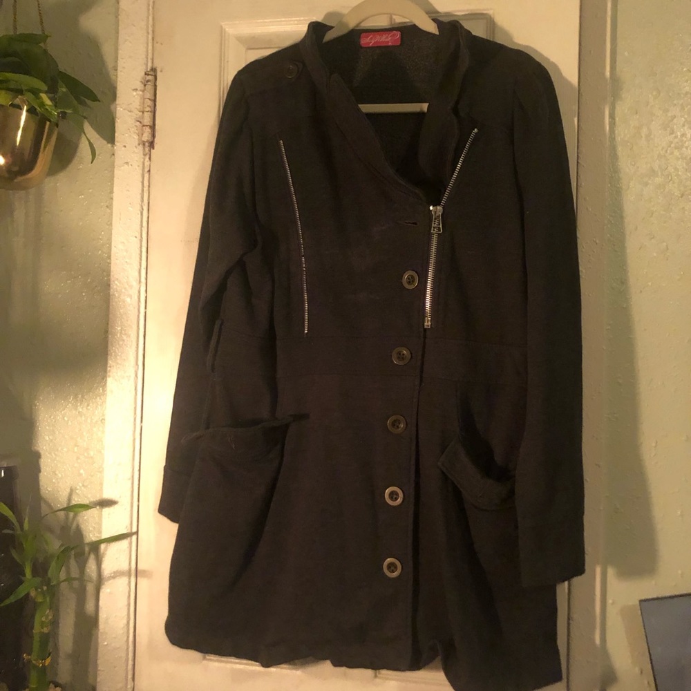 Dark grey coat.